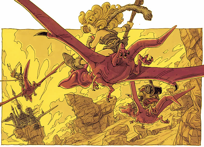 Chrono leads Ayla and Lucca charge against Tyranno Lair in Akira Toriyama key art for Chrono