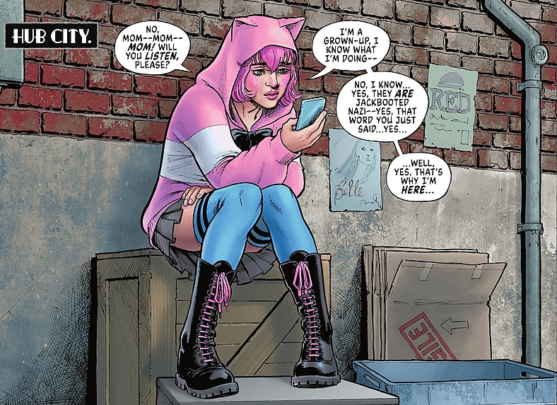 Featherweight receives a pre-protest chewing out from her mother Nyssa al Ghul in Cheetah and Cheshire Rob the Justice League Vol. 1 #3 (2025), DC. Words by Greg Rucka, art by Nicola Scott, Annette Kwok, and Troy Peteri.