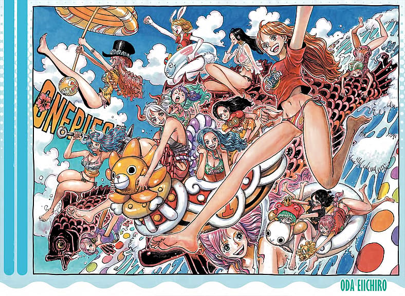 Female characters enjoy waves on Eiichiro Oda's color spread to One Piece Chapter 1084 (2023)