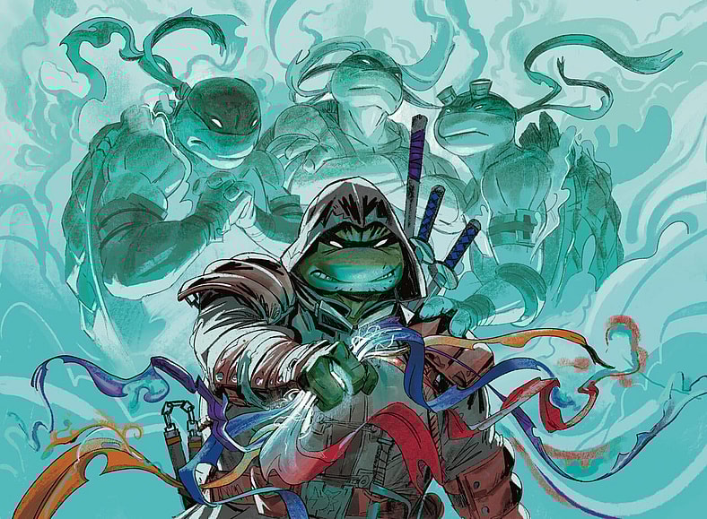 Michelangelo takes his brothers' mission upon himself via The Last Ronin's Technique (Card #TBA), Magic: The Gathering – Teenage Mutant Ninja Turtles (2026), Wizards of the Coast. Art by Adam Volker.