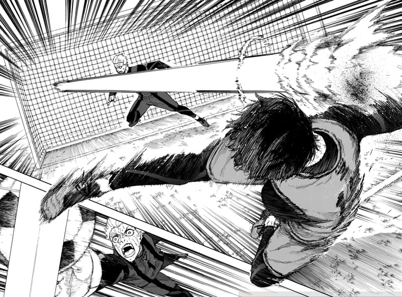 Isagi rockets in the winning goal against Yuza Dokomo and Team X in Blue Lock Chapter 13 "The One to be Reborn" (2018), Kodansha. Words by Muneyuki Kaneshiro, art by Yusuke Nomura.
