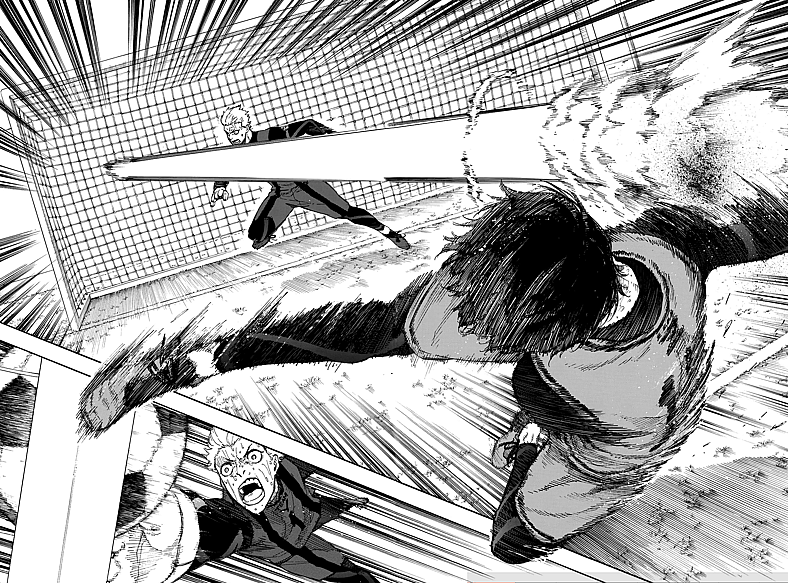 Isagi rockets in the winning goal against Yuza Dokomo and Team X in Blue Lock Chapter 13 "The One to be Reborn" (2018), Kodansha. Words by Muneyuki Kaneshiro, art by Yusuke Nomura.