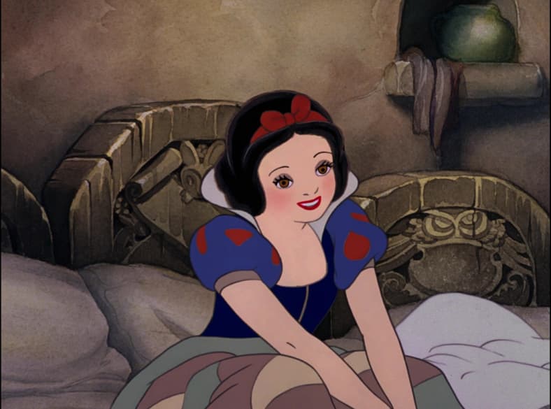Snow White takes a nap in the Seven Dwarfs' bed in Snow White and the Seven Dwarfs (1937), Disney