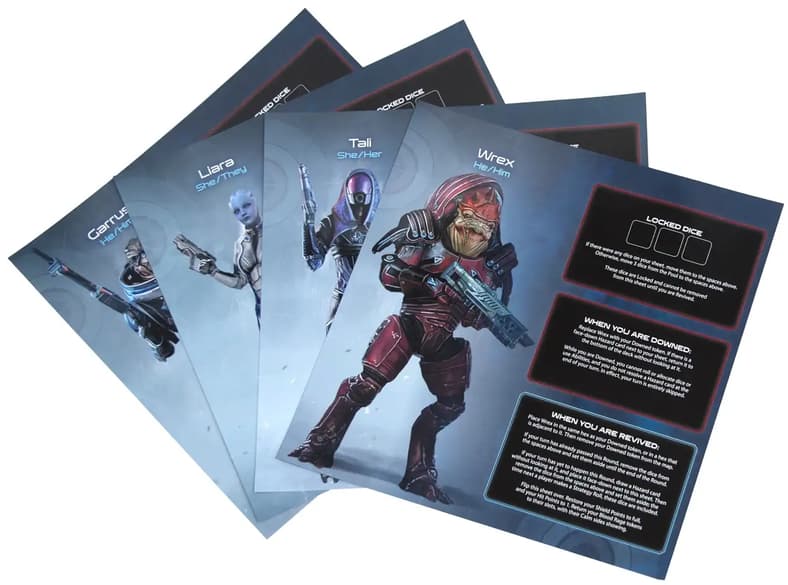 Character sheets for Wrex, Tali, Liara, and Garrus in Mass Effect: The Board Game – Priority