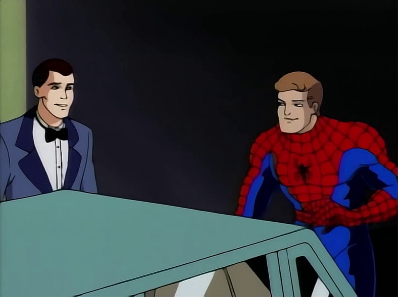 Flash Thompson (Patrick Labyorteaux) and Harry Osborn (Gary Imhoff) prepare to mess with Peter Parker (Christopher Daniel Barnes) in Spider-Man: The Animated Series Season 1 Episode 2 "The Spider Slayer" (1995), Marvel Entertainment