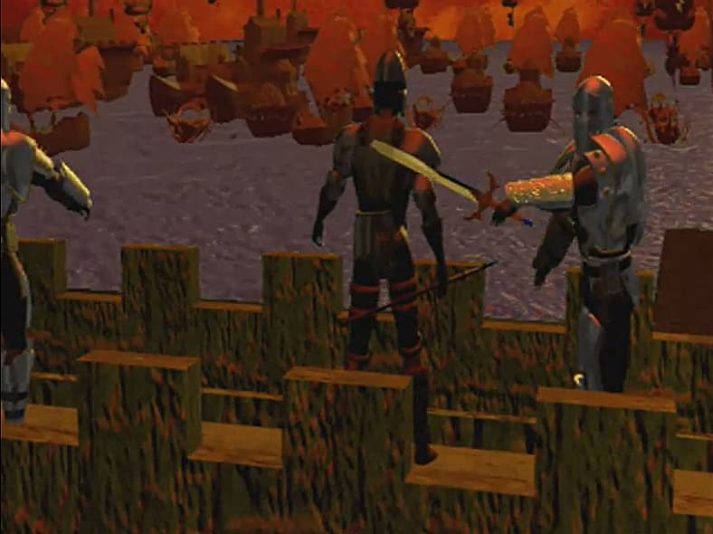 Alliance soldiers watch approaching Horde ships in Warcraft II: Tides of Darkness (1995), Blizzard