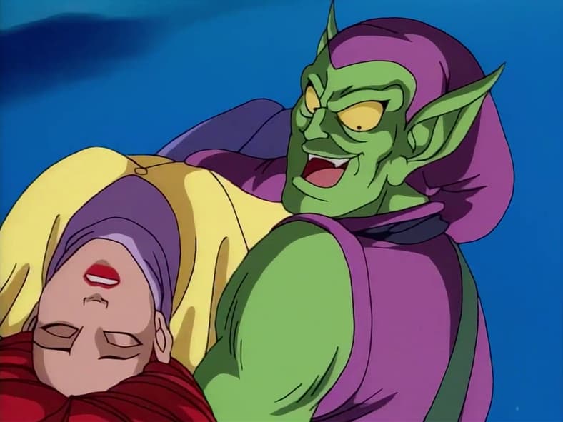 The Green Goblin (Neil Ross) kidnaps Mary-Jane (Sara Ballantine) in Spider-Man: The Animated Series Season 3 Episode 14 "Turning Point" (1995), Marvel Entertainment