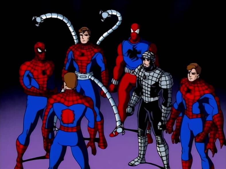Spider-Man (Christopher Daniel Barnes) meets a group of his alternate-selves in Spider-Man: The Animated Series Season 5 Episode 12 "I Really, Really Hate Clones" (1995), Marvel Entertainment