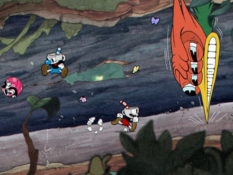 Cuphead and Mugman on Run-And-Gun level Cuphead (2017), Studio MDHR, Screenshot via Steam
