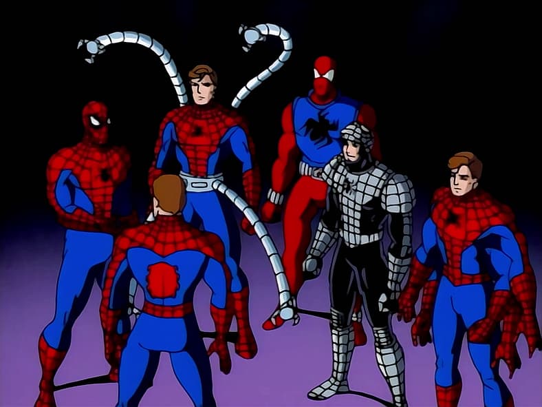Spider-Man (Christopher Daniel Barnes) meets alternate versions of himself in Spider-Man: The