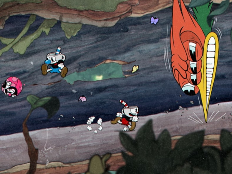 Cuphead and Mugman on Run-And-Gun level Cuphead (2017), Studio MDHR, Screenshot via Steam