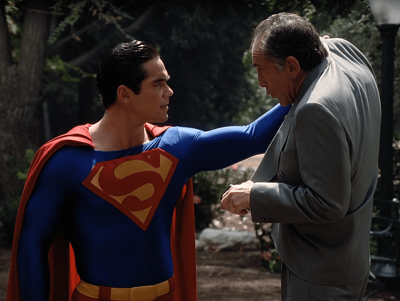 Superman (Dean Cain) has no time for Martin Snell's (Bruce Weitz) antics in Lois & Clark: The New Adventures of Superman Season 2 Episode 4 "Church of Metropolis" (1995), Warner Bros. Television