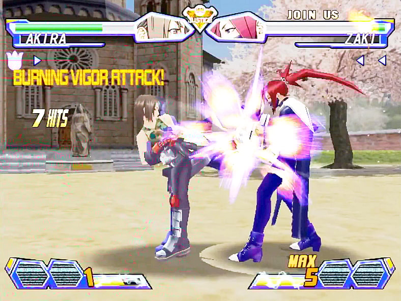 Akira (Chiharu Tezuka) unleashes a flurry of kicks against Zaki (Ai Orikasa) in Project Justice: Rival Schools 2 (2000), Capcom