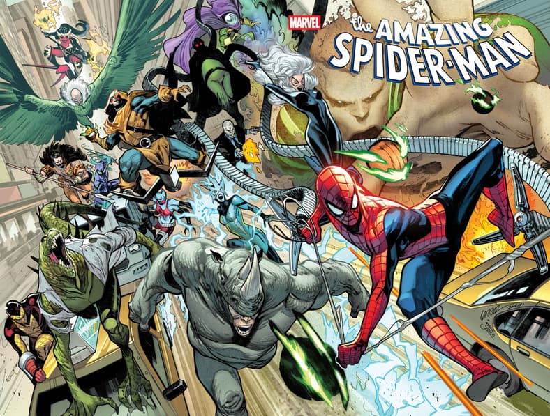 It's a stampede of Spider-Villainy on Pepe Larraz's full wrap-around cover to Amazing Spider-Man Vol. 7 #1 (2025), Marvel Comics