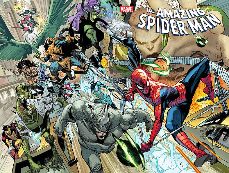 Peter Parker swings into action on Pepe Larraz's cover to Amazing Spider-Man Vol. 7 #1 (2025)
