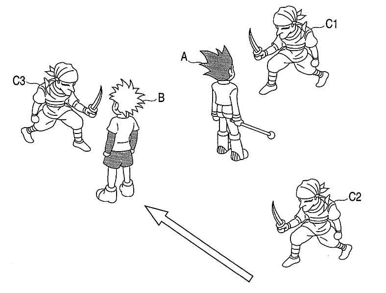 Konami Corporation US Patent No. 2002/0119811 A1, showing a sub-character fighting other foes while the main character focuses on another via Games Fray
