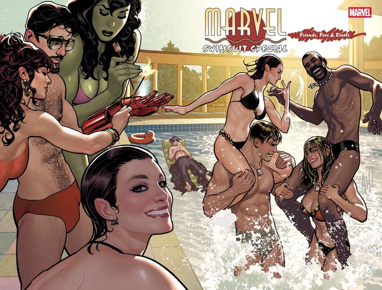 The Avengers enjoy a pool day on Adam Hughes' variant cover to Marvel Swimsuit Special: Friends, Foes & Rival Vol. 1 #1 (2025), Marvel Comics