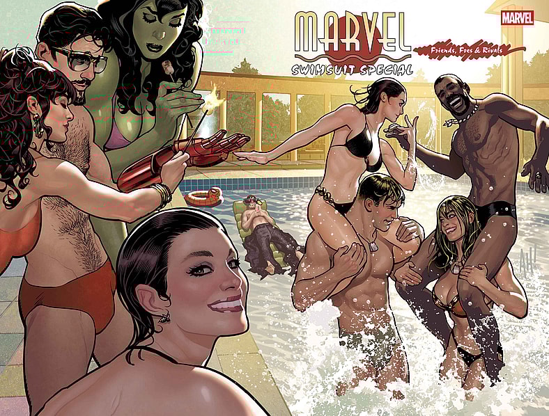 The Avengers enjoy a pool day on Adam Hughes' variant cover to Marvel Swimsuit Special: Friends, Foes & Rival Vol. 1 #1 (2025), Marvel Comics
