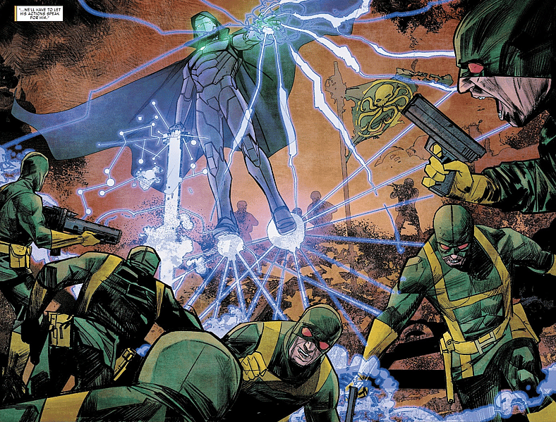 Victor von Doom makes quick work of an AIM base in Infamous Iron Man Vol. 1 #12 (2018), Marvel Comics. Words by Brian Michael Bendis, art by Alex Maleev, Matt Hollingsworth, and Clayton Cowles.