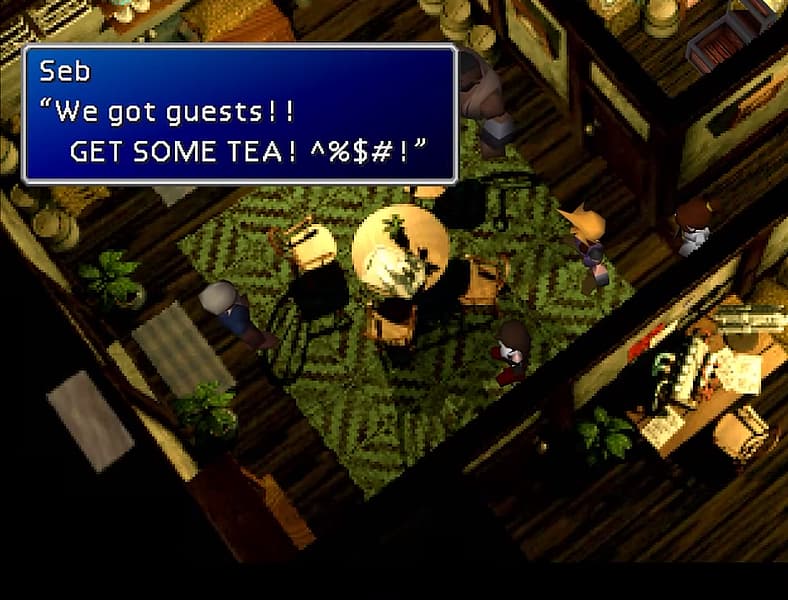 Cid Highwind berates Shera, demanding he makes tea for the party in Final Fantasy VII (1997), Square