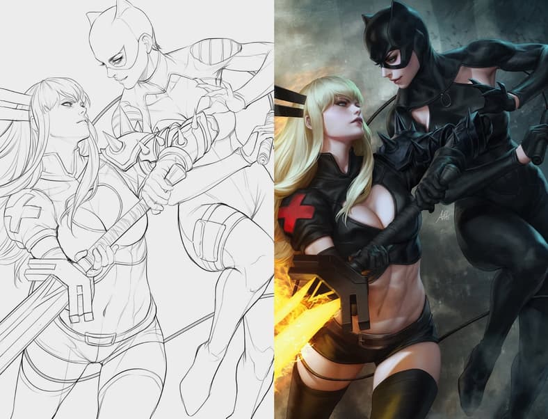 Magik has some demonic tricks up her sleeve for Catwoman on Stanley 'Artgerm' Lau's variant cover to Deadpool/Batman Vol. 1 #1 (2025), Marvel Comics/DC