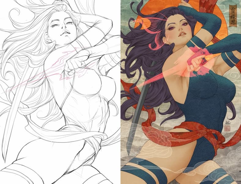 Kwannon evokes her Japanese roots on Stanley 'Artgerm' Lau's variant cover to Psylocke: Ninja Vol. 1 #1 (2026), Marvel Comics