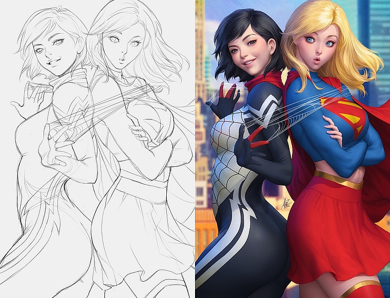 Silk and Supergirl find themselves in a sticky situation on Stanley 'Artgerm' Lau's variant cover to Superman/Spider-Man Vol. 1 #1 (2026), DC/Marvel