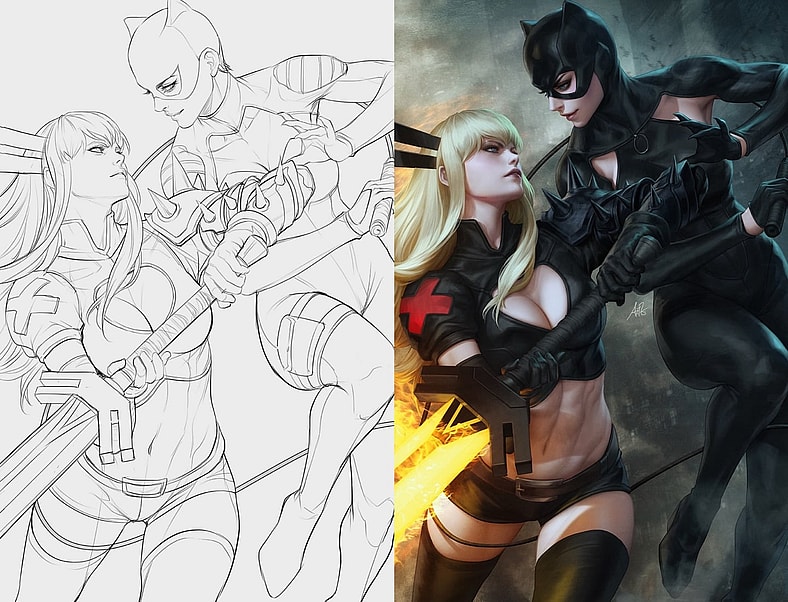 Magik has some demonic tricks up her sleeve for Catwoman on Stanley 'Artgerm' Lau's variant cover to Deadpool/Batman Vol. 1 #1 (2025), Marvel Comics/DC