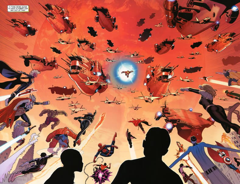 The 1610 and 616 fight for survival amidst the final incursion in Free Comic Book Day: Secret Wars Vol 1 Issue #0 "Secret Wars #0" (2015), Marvel Comics. Words by Jonathan Hickman, art by Paul Renaud and Chris Eliopoulos.
