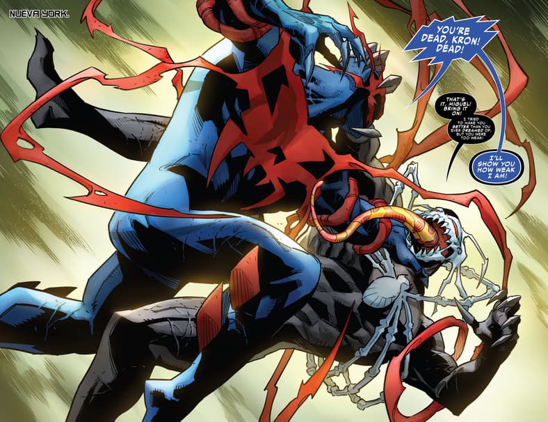 Miguel O'Hara goes to the mat with his brother Kron Stone in Symbiote Spider-Man 2099 Vol. 1 #5 (2024), Marvel Comics. WOrds by Peter David, art by Rogê Antônio, Sebastian Cheng, and Travis Lanham.