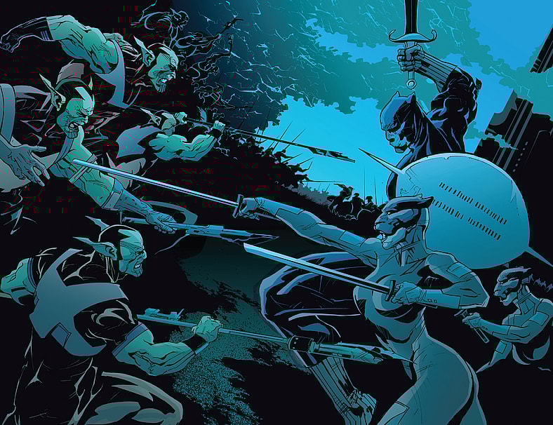 The Skrull Empire launches an invasion of Wakanda in Black Panther Vol. 4 #39 "See Wakanda and Die (Part 1)" (2008), Marvel Comics. Words by Jason Aaron, art by Jefte Palo, Lee Loughridge, and Cory Petit.