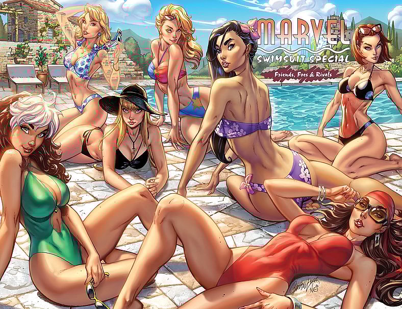 Rogue, The Invisible Woman, Magik, Captain Marvel, Psylocke, Elektra, and Black Widow soak up some sun on J. Scott Campbell's 'secret' variant cover to Marvel Swimsuit Special: Friends, Foes, & Rivals Vol. 1 #1 (2025), Marvel Comics