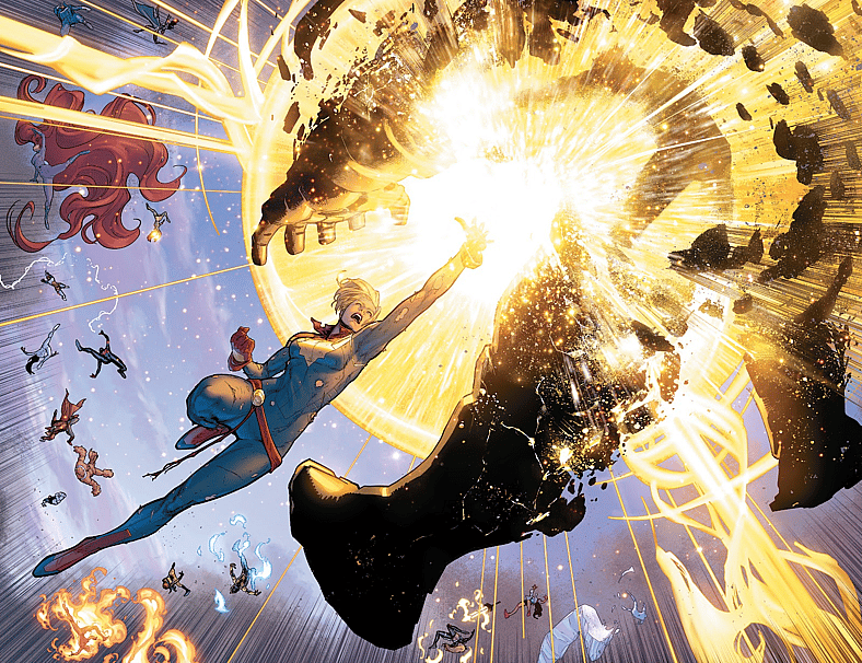 A furious Carol Danvers strikes a killing blow on Tony Stark in Civil War II #8 (2016), Marvel Comics. Words by Brian Michael Bendis, art by David Marquez, Justin Ponsor, and Clayton Cowles.