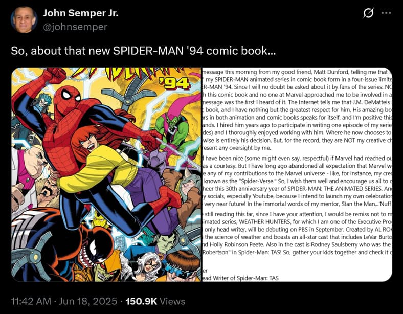 'Spider-Man: The Animated Series' writer John Semper responds to Marvel Comics' announcement of 'Spider-Man '94'.