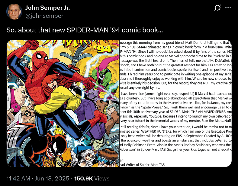'Spider-Man: The Animated Series' writer John Semper responds to Marvel Comics' announcement of 'Spider-Man '94'.