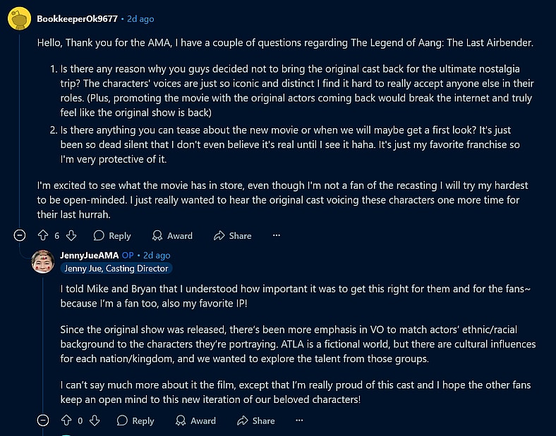 Casting Director Jenny Jue explains the reason behind 'The Legend of Aang: The Last Airbender's decision to replace its main voice cast.