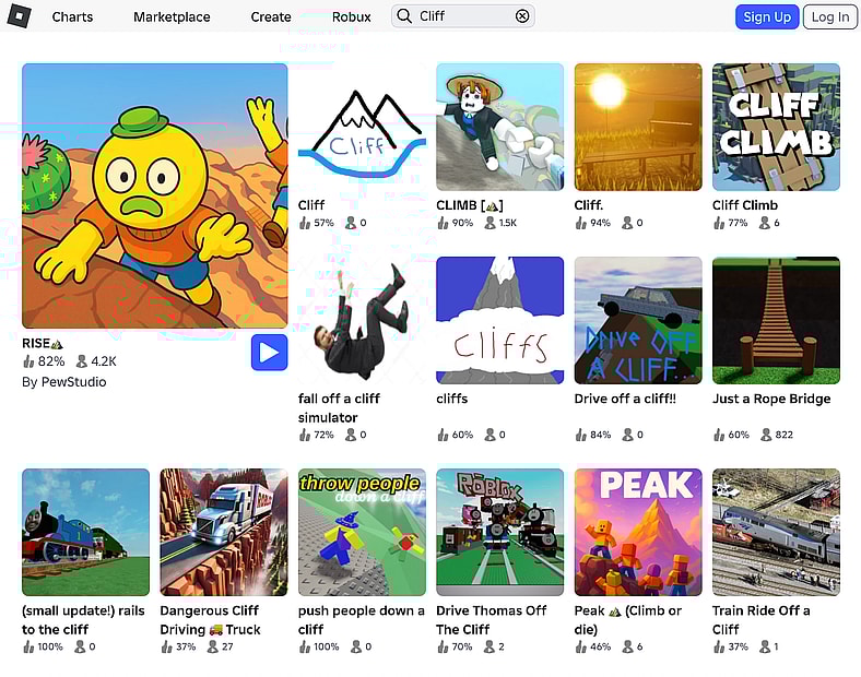 The search results page for the word "Cliff" via Roblox