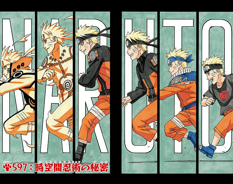 Naruto's many lives on Masashi Kishimoto color spread, Naruto Chapter 597 (2012), Shueisha
