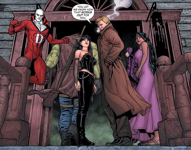 The titular team writes off A.R.G.U.S.' blackmail threats in Justice League Dark Vol. 1 #15 "The Death of Magic, Part 1: Up is Down" (2013), DC. Words by Jeff Lemire and Ray Fawkes, art by Mikel Janín, Jeremy Cox, and Rob Leigh.