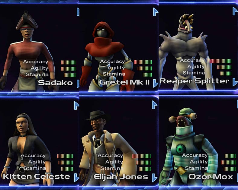 Sadako, Gretel Mk II, Reaper Splitter, Kitten Celeste, Elijah Jones, Ozor Mox in TimeSplitters 2