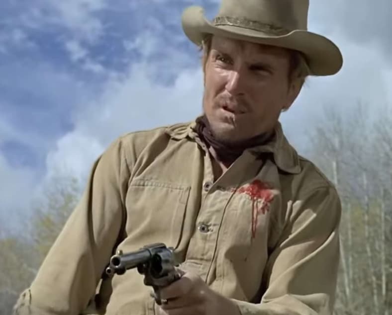 A perforated Ned Pepper (Duvall) has half a second to live in True Grit (1969), Paramount Pictures 