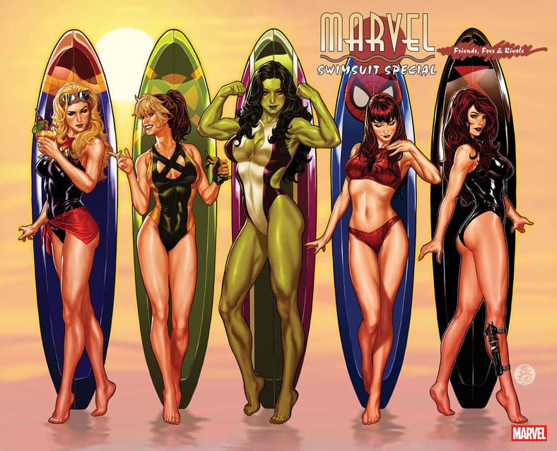 Captain Marvel, Rogue, She-Hulk, Mary-Jane, and Black Widow hit the beach on Mark Brooks' variant cover to to Marvel Swimsuit Special: Friends, Foes & Rival Vol. 1 #1 (2025), Marvel Comics