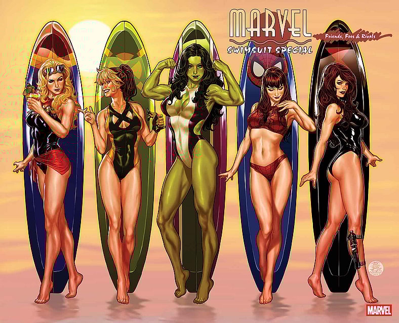 Captain Marvel, Rogue, She-Hulk, Mary-Jane, and Black Widow hit the beach on Mark Brooks' variant cover to to Marvel Swimsuit Special: Friends, Foes & Rival Vol. 1 #1 (2025), Marvel Comics