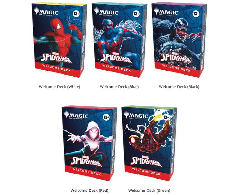 Spider-Man Spider-Man 2099, Venom, Spider-Gwen, and Miles Morales headline the five Welcome Decks released as part of Magic: The Gathering - Marvel's Spider-Man (2025), Wizards of the Coast.