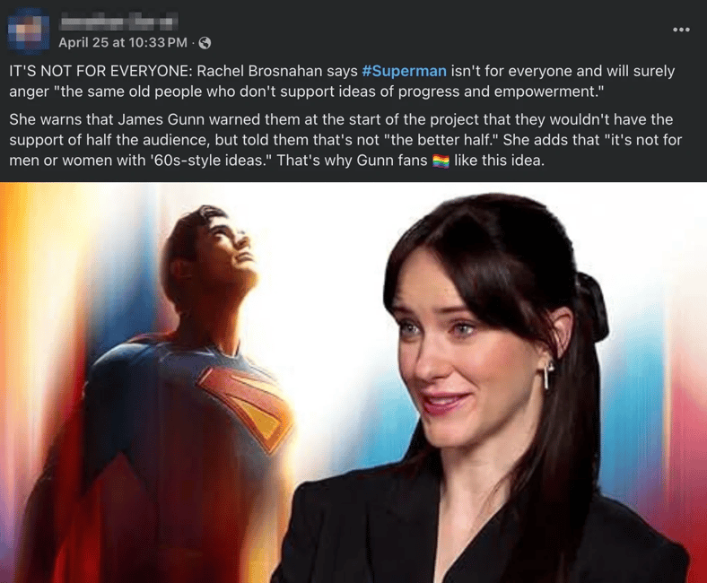 A version of the post falsely claiming that 'Superman' star Rachel Brosnahan told fans that the DCEU film is 'not for everyone', as discovered by That Park Place Editor-in-Chief Marvin Montanaro