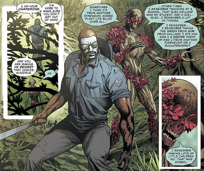 The Floronic Man is led to the Parliament of Trees by a friend of John Constantine's in Justice League Dark Vol. 2 #20 "The Parliamnets of Life, Part 1" (2020), DC. Words by James Tynion IV and Ram V, art by Kyle Hotz, FCO Plascencia, and Rob Leigh.