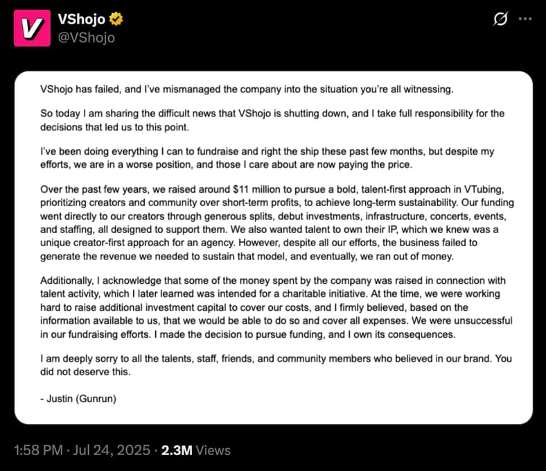 VTuber Agency VShojo Shuts Down Amid Accusations Of Mismanagement, Wage Theft: “It Is F—ked Up And I Am Upset”