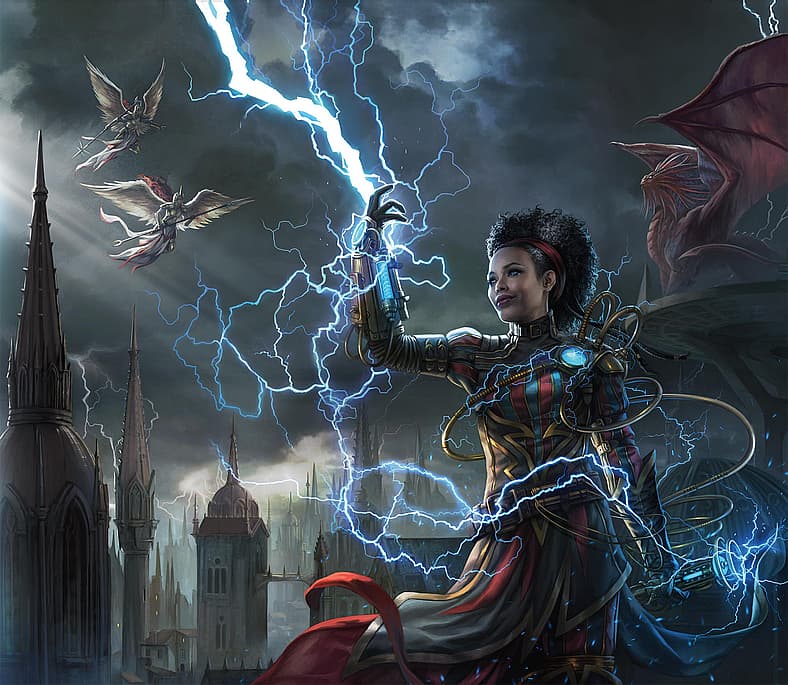Mage harnesses lightning on cover of Dungeons & Dragons Guildmasters' Guide to Ravnica (2018)