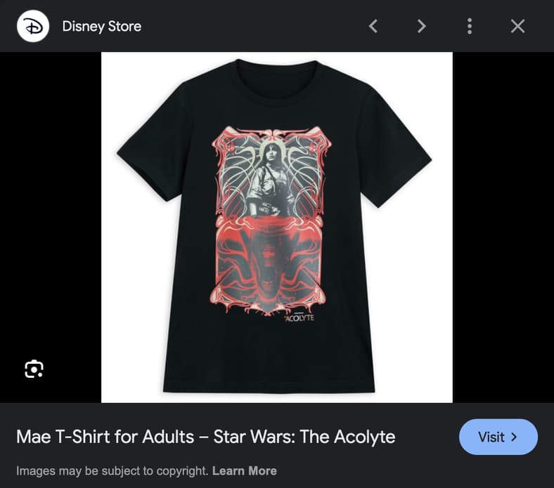 An official Disney Store listing for a 'The Acolyte' t-shirt via Google