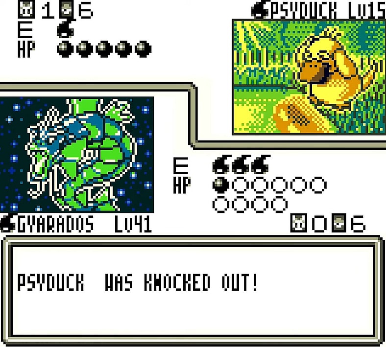 A Gyrados puts down a Psyduck in Pokémon Trading Card Game 2: The Invasion of Team GR! (2001), The Pokémon Company